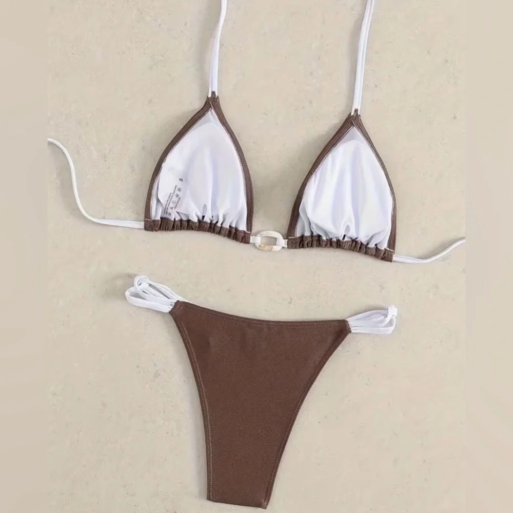 Brown White Halter High Cut Bikini Set - Picture 3 of 7